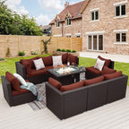 NICESOUL Modern 9 Pcs Patio Sectional Sofa Set with Fire Pit Natural Gas/Propane, Extra Large Outdoor Furniture Sets, 29.3'' High Back Deep Seats Conversations 8 Seater, Brown Rattan and Red Cushion