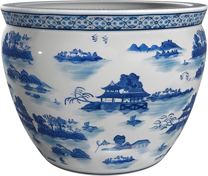 Red Lantern 20" Porcelain Fishbowl Blue & White Landscape Planter