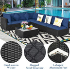 Tangkula 7-Piece Patio Furniture Set, Outdoor Sectional Wicker Sofa with Pillows and Cushions, Conversation Set with Coffee Table & Tea Table for Garden, Lawn (Navy Blue)