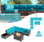 Kullavik 8 Pieces Outdoor Patio Furniture Set with 43" 55000BTU Gas Propane Fire Pit Table PE Wicker Rattan Sectional Sofa Patio Conversation Sets,Blue