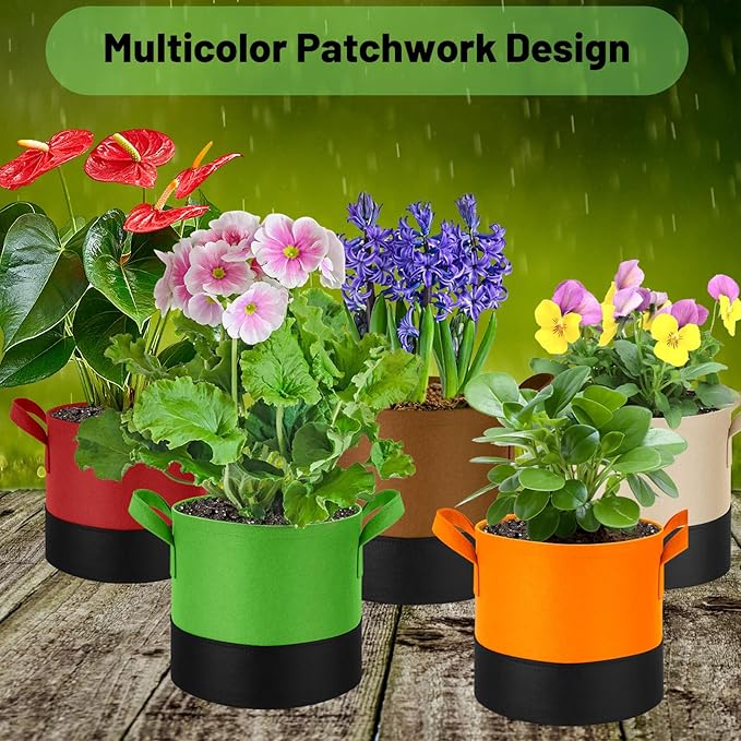 5 Gallon Fabric Grow Bags 5-Pack, 350G Heavy Duty Nonwoven Plant Pots with Handles, Breathable Root Pruning Containers for Vegetables Flowers Indoor Outdoor Gardening