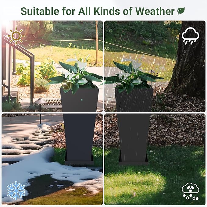 Tall Outdoor Planters Set of 2, 26 inch Tall Planters for Outdoor and Indoor, Metal Tapered Pots with Drainage Holes & Insert Shelves & Trays for Porch, Garden, Patio, Yard