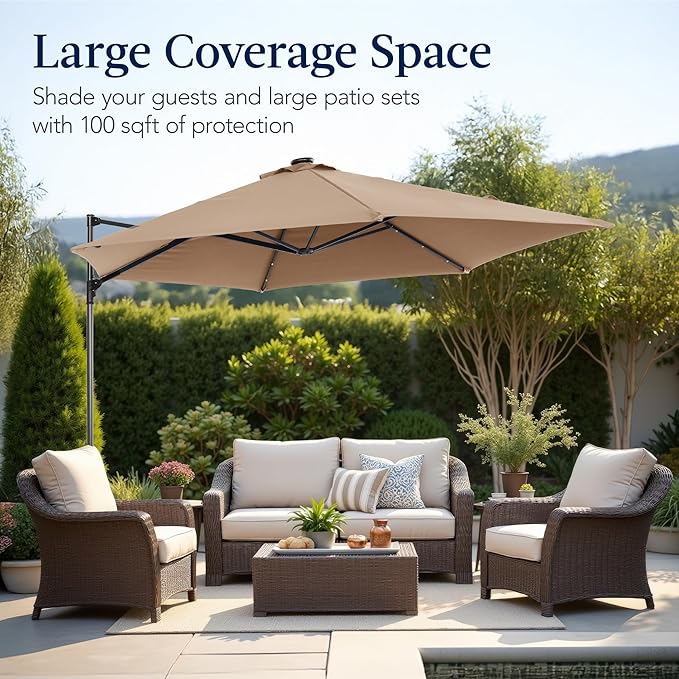 Best Choice Products 10ft Solar LED Offset Cantilever Hanging Market Patio Umbrella, Smooth 360° Rotation, 8 Sturdy Ribs, Easy Adjustment - Tan