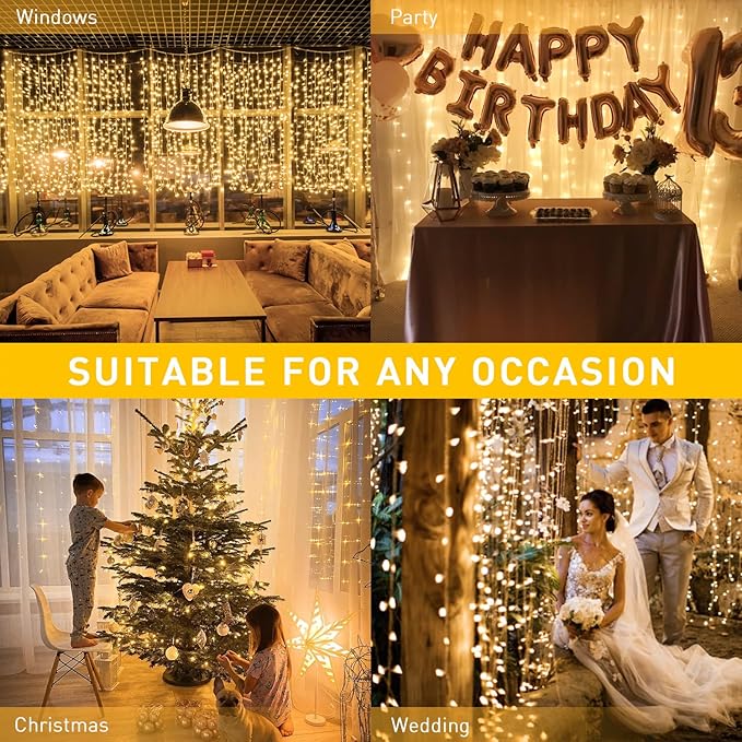 Indoor String Lights, 600 LED Warm White Curtain with Remote