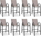 HOMREST Outdoor Bar Height Stools Set of 8,High Back Patio Chairs with Armrests,Textilene Chairs with Breathable Fabric & Metal Frame for All Weather,Taupe