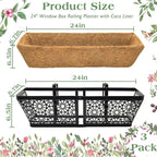ZeeDix Railing Planter Boxes, 24 Inch Window Flower Box Planters with Coco Liner & Adjustable Brackets for Deck Porch Fence Patio Balcony Gardening Outdoor Plants (2 Pack)