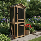 Large Outdoor Storage Cabinet with 4 Shelves, Wood Outdoor Storage Shed with Weatherproof Roof, Lockable Doors, Tall Outdoor Patio Cabinets for Garden Tool and Accessories, Brown