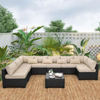 9 Pieces Outdoor Sectional All-Weather Wicker Patio Furniture Set Patio Sectional Glass Patio Table Non-Slip Cushions and Waterproof Covers, Khaki