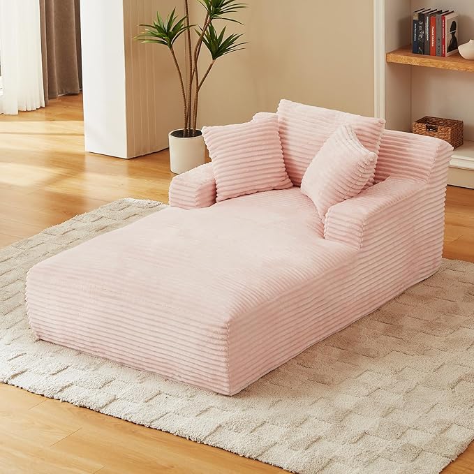 78.7" Chaise Lounge Chair Indoor, Oversized Boneless Couch Comfy Upholstered Sleeper Sofa Bed with 3 Pillows, Corduroy Cloud Reading Chair for Living Room No Assembly Required, Pink