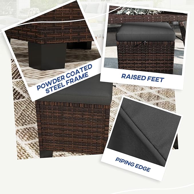 Outsunny 2 Pieces Outdoor Patio Ottomans, All Weather Wicker Outdoor Footstools with Removable Cushions, 3-in-1 PE Rattan Ottoman Seat, Footrest and Side Table for Backyard, Poolside, Gray
