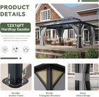 Aoxun 12'x16' Hardtop Gazebo, Aluminum Frame Permanent Pavilion with Curtains and Netting, Outdoor Polycarbonate Double Roof Canopy, Designed for Garden, Lawns, Patio