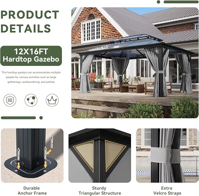 Aoxun 12'x16' Hardtop Gazebo, Aluminum Frame Permanent Pavilion with Curtains and Netting, Outdoor Polycarbonate Double Roof Canopy, Designed for Garden, Lawns, Patio