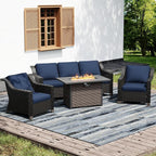 Joyside Wicker Patio Furniture Sets, 4 Pieces Upgraded Large Size Outdoor Furniture with Patio Dining Chair, 3-Seat Sofa, Fire Table,Thick Cushions, Wide Armrest, Blue