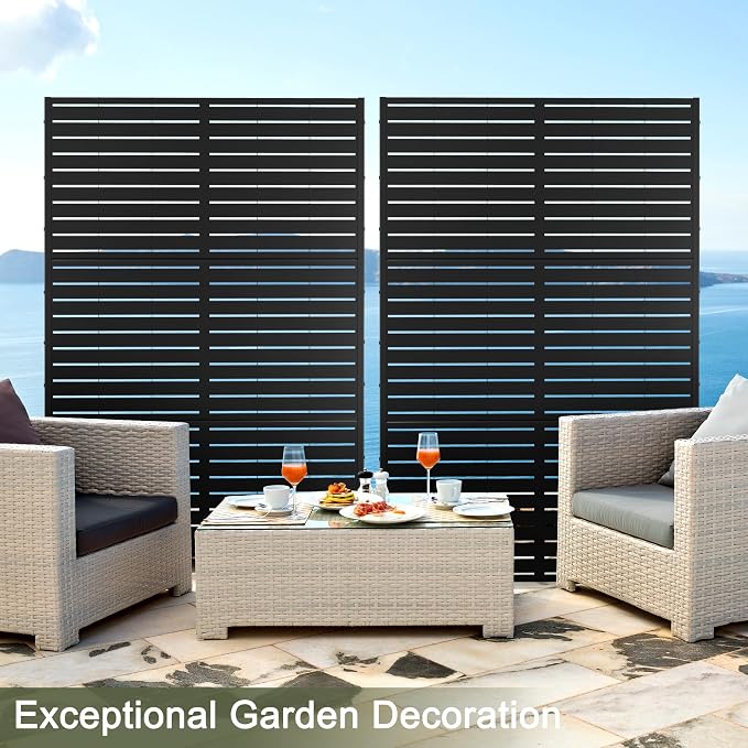 Decorative Fence Privacy Screen, Black Louvered Metal, 72 in H x 47 in W