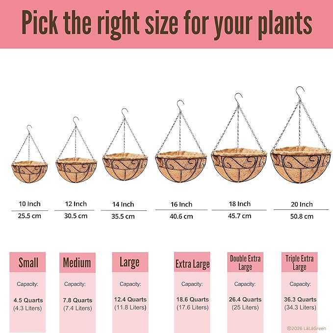 LaLaGreen Hanging Planter for Outdoor Plants (14 Inch, 4 Pack) Hanging Baskets with Coco Liner, Black Metal Wire Flower Basket Pots with Hook Hanger Balcony Porch Farmhouse Country Style Garden Decor