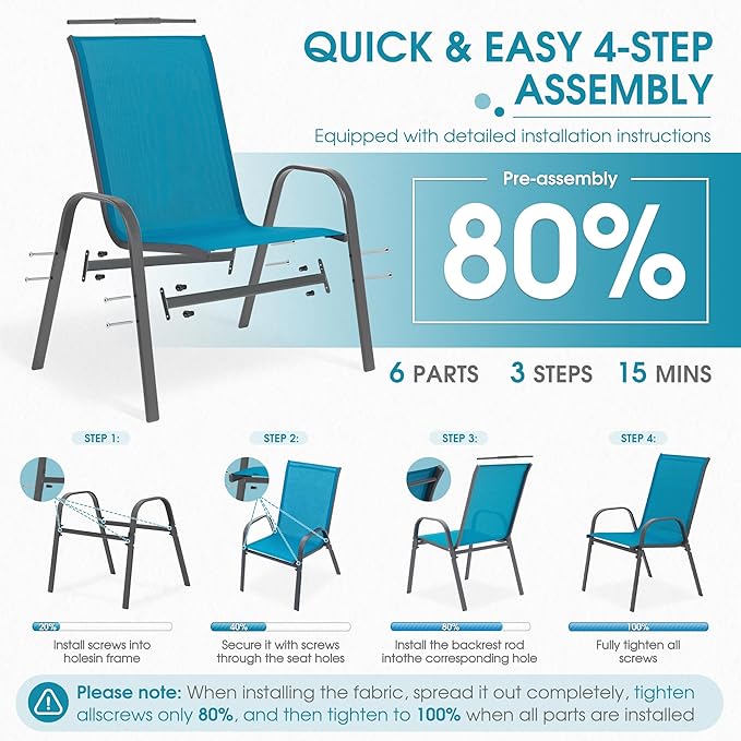 Outdoor Stackable Chairs Set of 4, Stacking Patio Chairs with Textilene Fabric, Outside Furniture for Garden Backyard Balconie Poolside Deck, Blue