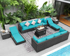 NICESOUL 13 Piece Outdoor Furniture with Fire Pit, Large Patio Couch Set with Fire Pit Table & Chaise Lounge, Modular Sectional Patio Sofa 500 lbs Heavyduty 10-Seat Group, Gray & Turquoise