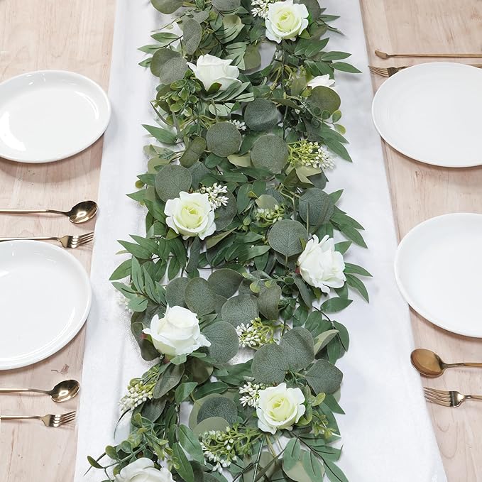 Artificial Eucalyptus Garland 2 Pack, 6.5 Ft Each, White Roses