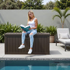 Flamaker Resin Deck Box 250 Gallon, Waterproof Imitation-Wood Lockable Storage Box with Separator Plate Outdoor Indoor, Garden, Patio Furniture for Tools&Pool Accessories (Deep Brown)