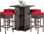 Tangkula 5 Piece Outdoor Rattan Bar Set, Patio Bar Furniture with 4 Cushions Stools and Smooth Top Table with Hidden Storage Shelf, Outdoor Conversation Set for Poolside, Backyard, Lawn (Red)