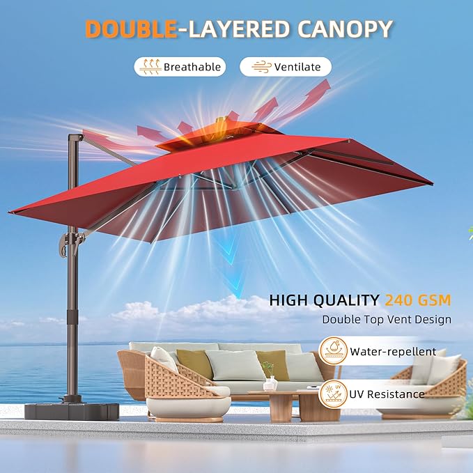 9' X 12' Cantilever Outdoor Patio Umbrellas with Base Included, Large Rectangle Umbrella Heavy Duty 360°Rotation Offset Umbrella for Garden Deck Pool Patio,Red