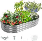 5X2.7X1 FT Oval Galvanized Metal Garden Raised Bed/Plant Box for Planting,32 Inches Diameter Iron Fire Pit Ring,Small Animal Fence-3 in 1 Modular Design in Black (Silver, 60X32X11.5 Inches)