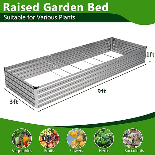 2PCS 9x3x1ft Galvanized Raised Garden Bed Kit,Metal Planter Box for Vegetables,Flowers,Herbs Durable Rust-Resistant Patio Gardening Beds,Silver