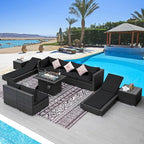 NICESOUL 11 Piece Patio Furniture with Fire Pit Natural Gas/Propane, 29.3'' High Back Outdoor Sectional with Firepit Table & Chaise Lounge, Deep Large Seating Sofa Couch, 2 Color Cushion Black & Gray