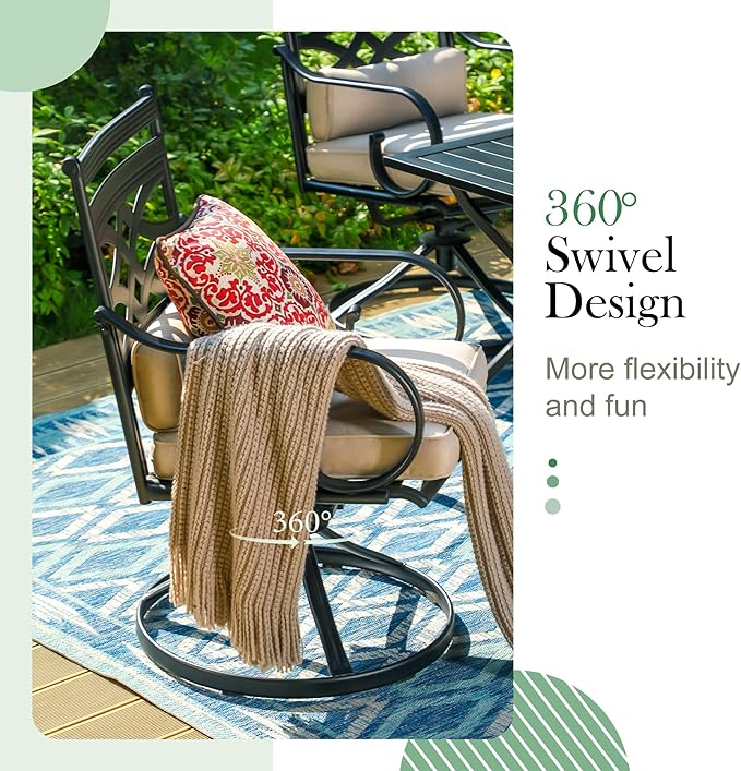 Sophia and William Outdoor Patio Dining Set for 6, Outdoor Table and Chairs, Removable Seat Cushions, 4 Fixed，2 Swivel Chairs, 59" Black Patio Dining Table