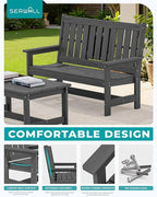 SERWALL Outdoor Bench with Cup Holder, 58" HDPE Garden Park Bench Suitable for 3 Person, All Weather Patio Benches with High Backrest and Wide Armrests for Garden, Park, Yard, Front Porch, Grey