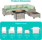 7-Piece Outdoor Patio Furniture Set with 55,000 BTU Fire Pit Table, PE Wicker Rattan Sectional Sofa Patio Conversation Set with Thickened Cushions & Coffee Table, Light Green