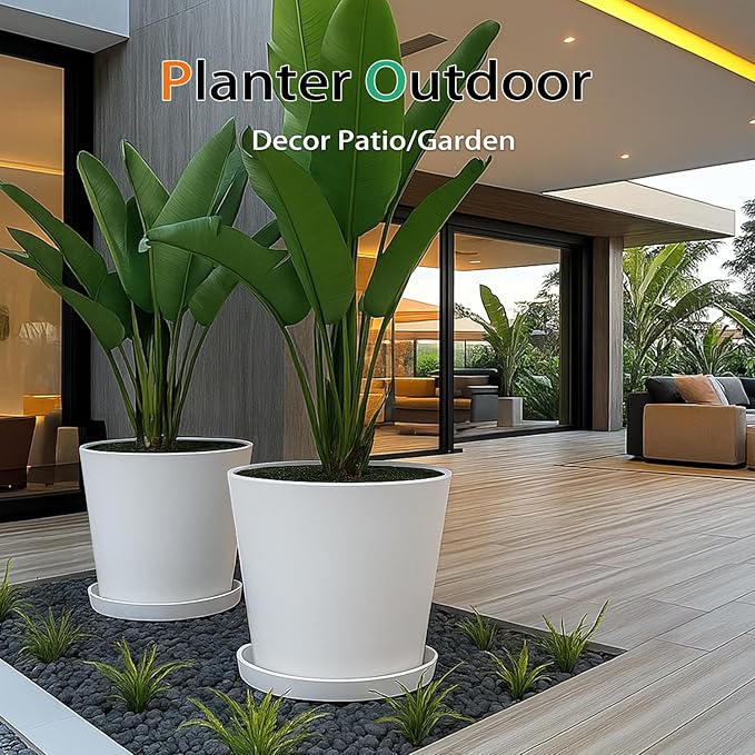 Wide Planters for Outdoor Plants, Extra Large Indoor Flower Pots for Garden, Front Porch, Patio - Round Resin Planter Set of 2 (White, 16 inch - 2 Pack)