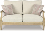 Signature Design by Ashley Clare View Coastal Outdoor Loveseat, Cushioned with Nuvella Fabric, Protective Finish, Eucalyptus Wood, 55.5" W x 35" D x 32" H, Beige