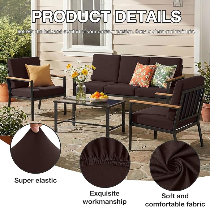 Cushion Covers 8-Piece Stretch Patio Set in Coffee with Anti-Slip Straps
