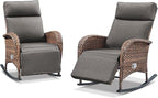 Zero Gravity Patio Rocking Wicker Recliner Chairs Set of 2- Wicker Outdoor Lounge Chair with Adjustable Backrest & Footrest, All Weather Reclining Rocker Chairs with Thick Cushion for Pool Deck Grey