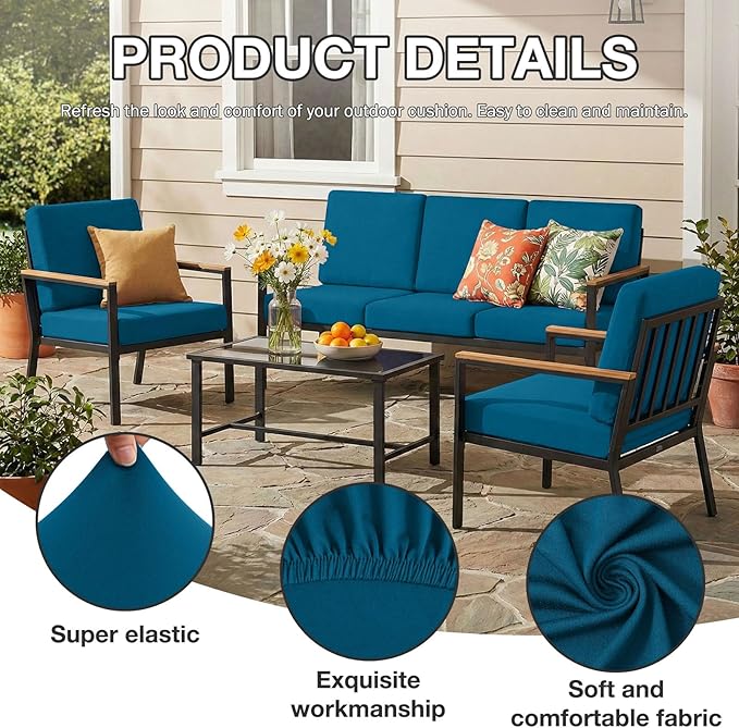 Cushion Covers for Patio Chairs – 4-Piece Peacock Blue Stretch Set