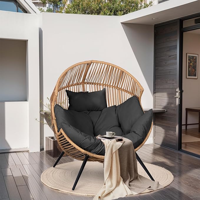 JAMFLY Egg Chair Wicker Outdoor Chairs, Oversized Patio Chair Oversized Lounger Chair with Cushion for Indoor Living Room, Bedroom, Outside Patio Backyard Balcony, Gray Cushion