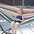 Vivere Double Sunbrella Hammock with Space-Saving Steel Stand, Heavy-Duty Portable Outdoor Hammock Set for Backyard, Patio, or Travel, Confetti