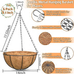 ZeeDix 6 Pack 14 Inch Metal Round Hanging Planter Basket with Coconut Liners Replacement, Hanging planters Baskets with Natural Coco Liner for Outdoor Indoor Planters Flowers Vegetables