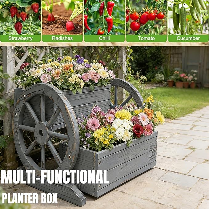 NestNature Wooden Wagon Planter Box,Raised Garden Bed,Decorative Garden Planters with Wheels-Outside Flower Pots for Indoor/Outdoor Décor Plants (Antique Gray)