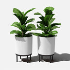 Veradek Demi Series Round Planter w/Stand for Porch/Patio | Durable Plastic-Stone Composite & Wooden Stand | Modern Décor for Tall Plants, Flowers