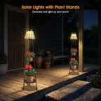 2 Pack 45.5'' Outdoor Floor Lamps with 2 Tier Plant Stand, Solar Powered Metal Waterproof Lights for Patio Deck Yard Garden Porch Decor