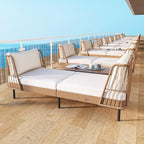 Tangkula Patio Rattan Daybed, Boho Outdoor Wicker Lounge Sofa with Seat & Back Cushions, 2-Seat Bench Sun Lounger Chair with Robust Metal Legs for Deck, Backyard, Porch, Poolside (1, Off White)
