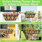 Riare 2 Pack 16 Inch Metal Railing Planter Window Box with Coco Liner- Adjustable Window Flower Boxes for Railings, Hanging Rail Planters for Deck, Balcony, Porch, Fence, Indoor Outdoor Plants