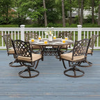7-Piece Cast Aluminum Patio Furniture, Patio Dining Set for 6 Include 54" Round Outdoor Dining Table and 6 Swivel Chairs with Cushions & Umbrella Hole (Bronze)