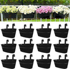 LaLaGreen Rail Planter Outdoor Plants(11.8 Inch, 12 Pack) Black Metal Iron Hanging Flower Pots Deck Railings Fence Buckets Modern Countryside Boho Style Wall Mount Window Box Plant Holder Porch Decor