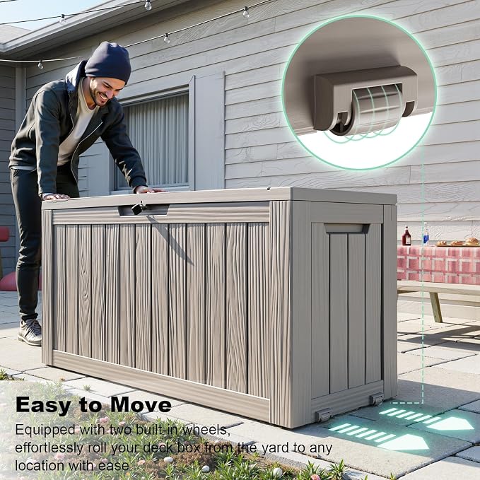 Deck Box, Grey Resin Waterproof UV-Resistant Outdoor Storage