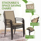 7 Piece Patio Dining Set for 6, 6 Stackable Textilene Chairs and 1 Dining Table Outdoor Furniture Set, Brown