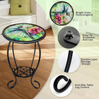LIFFY Patio Side Table, 14" Round Mosaic Outdoor Table with Glass Hummingbird Tabletop, 21" Height 2-Tier Indoor Small Decorative Plant Stand & Accent Table with Metal Frame for Garden, Yard, Home