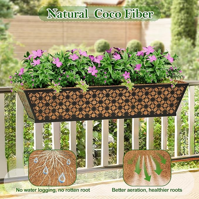 SPECILITE 30" Window Boxes Planters, Heavy Duty Metal Railing Planter Boxes, Adjustable Balcony Planters for Railing Hanging, with Coco Liner & Tool Set for Deck, Porch, and Patio Gardening (4 Pack)